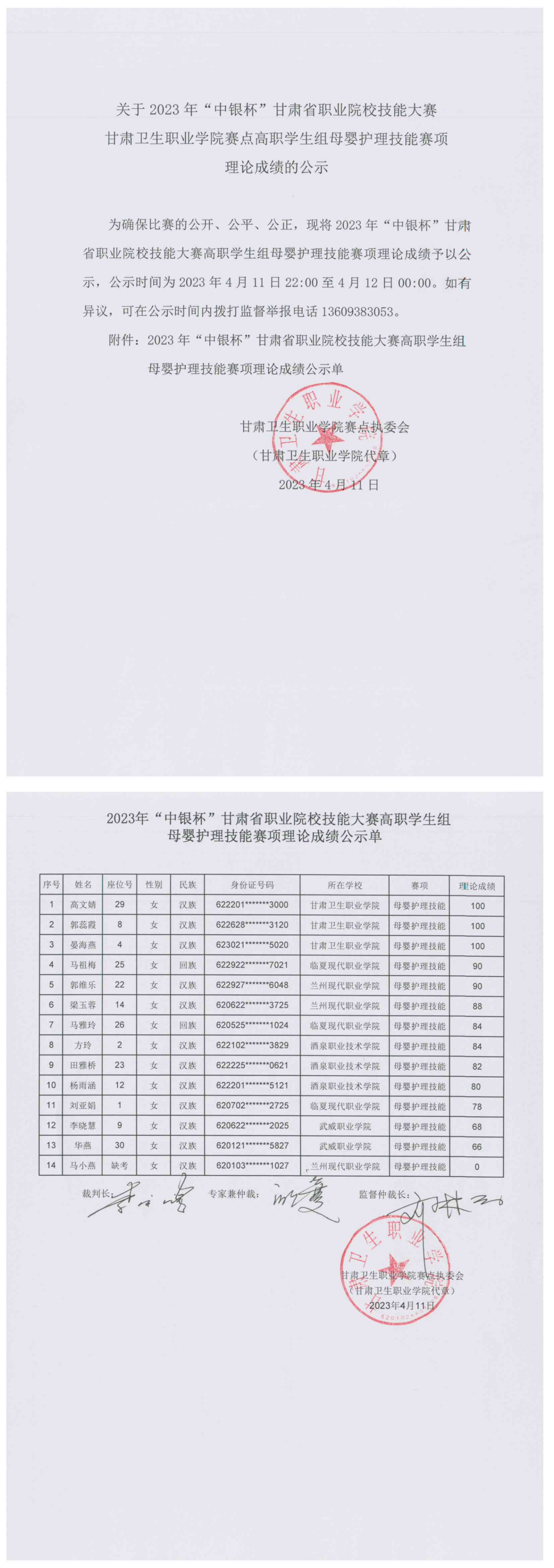 02关于2023年“中银杯”甘肃省职业院校技能大赛甘肃卫生职业学院赛点高职学生组母婴护理技能赛项理论成绩的公示.png